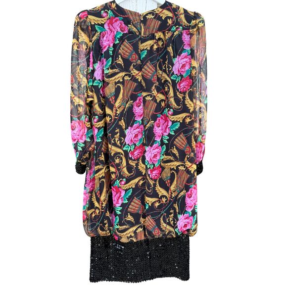 80s Vintage Chez California by Tandry Sequin Party Dress Bold Floral Print - Picture 1 of 6